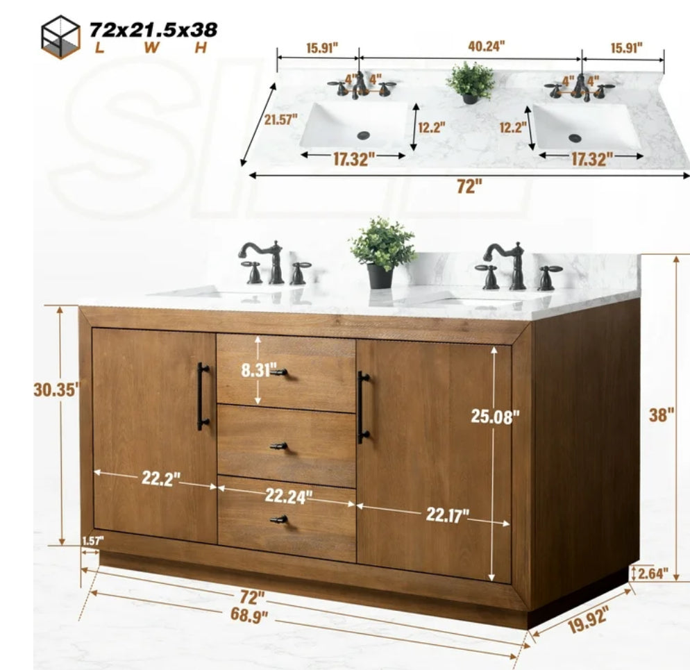 Bathroom Vanity - Vanity Art 72" Double Bathroom Vanity with Sink, Freestanding Bath Storage Cabinet with Engineered Marble Top - WF12.4.25