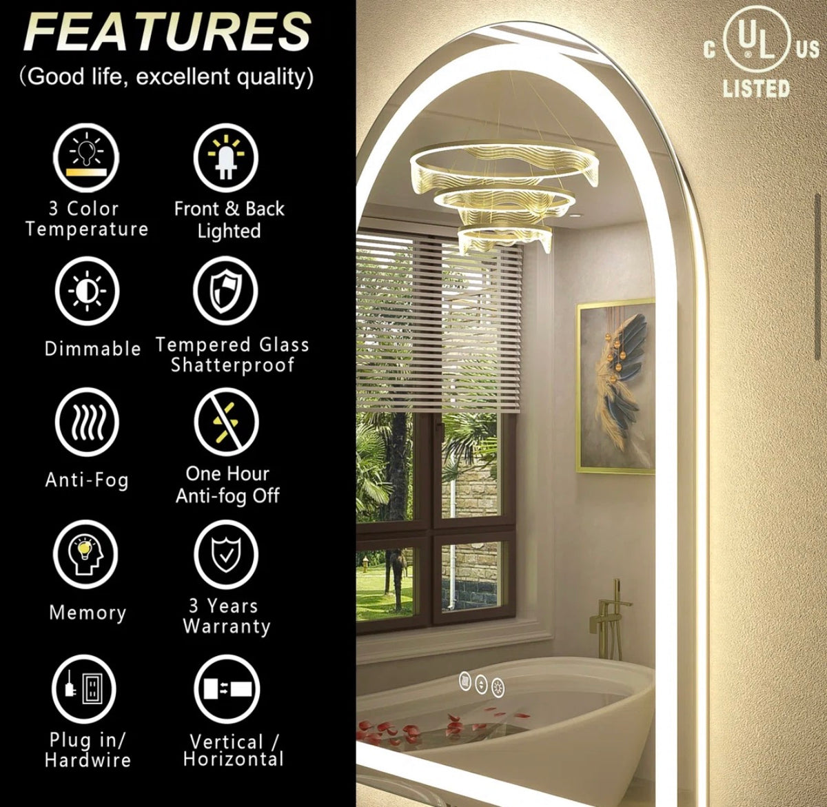 Mirror - 30” x 40” Aevar UL Certified LED Anti-Fog Tempered Glass Bathroom/Vanity Mirror with 3-Year Warranty