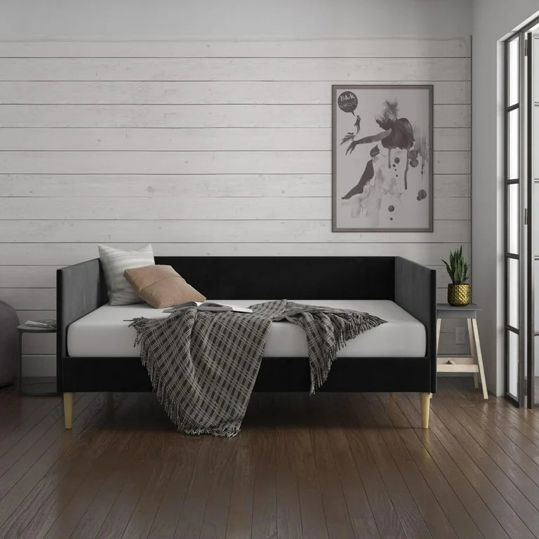 Bed - Full Size Franklin Mid-Century Upholstered Daybed Frame, Black Velvet - WF12.4.25