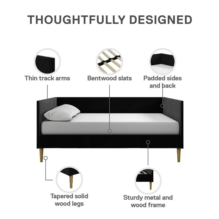 Bed - Full Size Franklin Mid-Century Upholstered Daybed Frame, Black Velvet - WF12.4.25