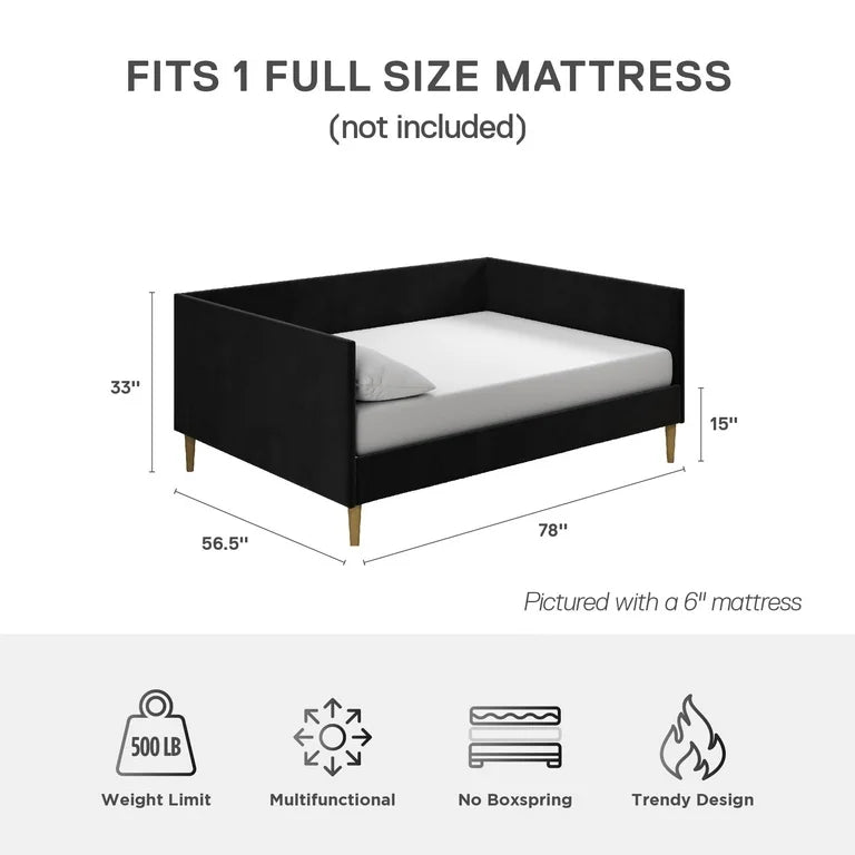 Bed - Full Size Franklin Mid-Century Upholstered Daybed Frame, Black Velvet - WF12.4.25