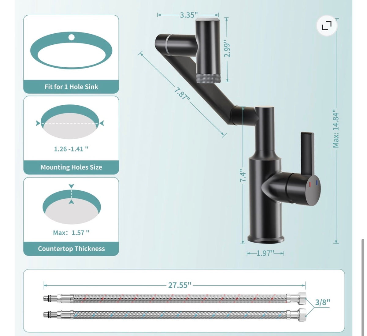 Bathroom Faucet - Kaiying Single Handle Faucet 1080 Rotatable Height with Temperature Display