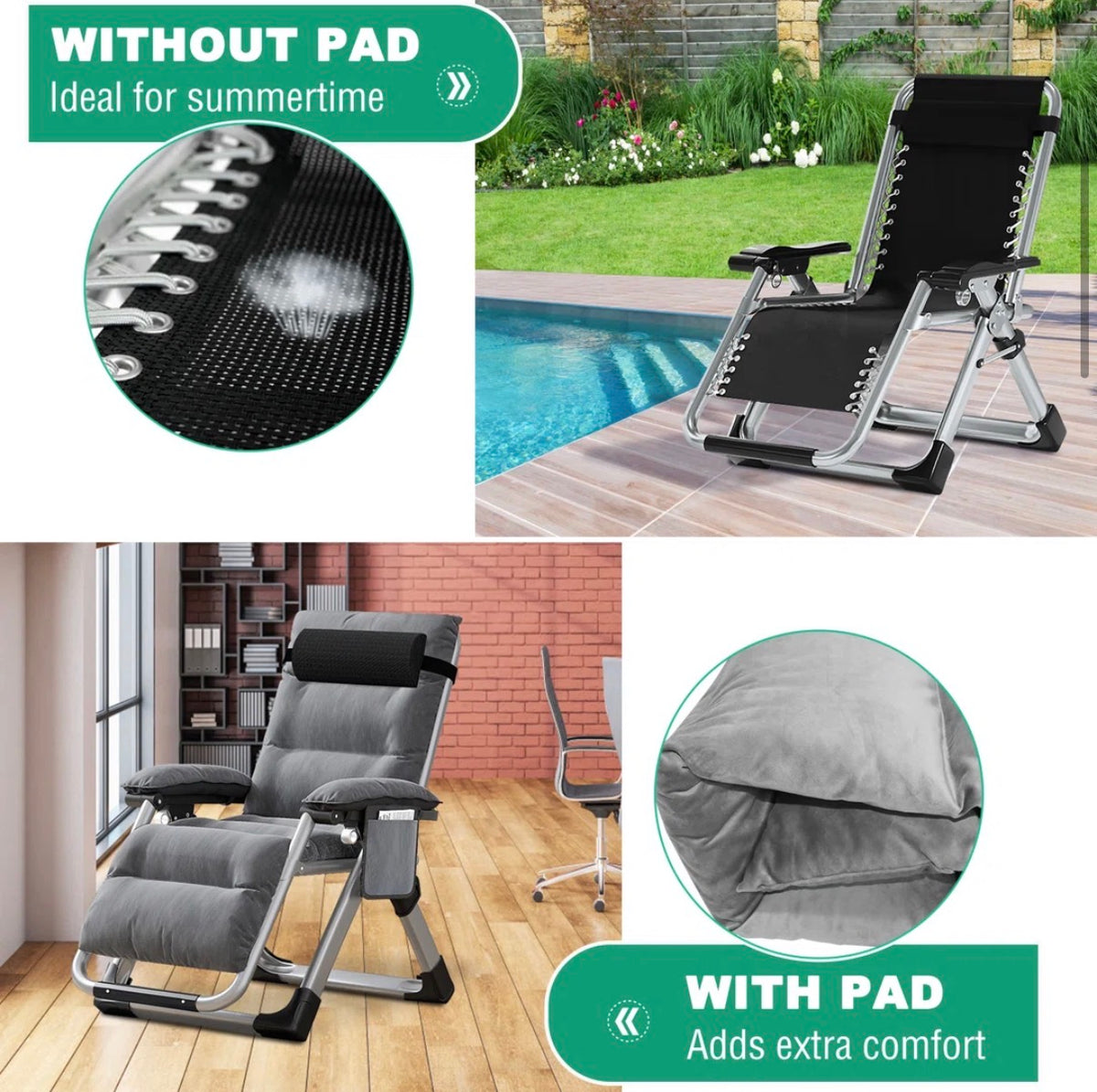 Outdoor Chair - Halback Zero Gravity Chair, Folding Reclining Lounge Chair with Cushion, Headrest Support 400lbs