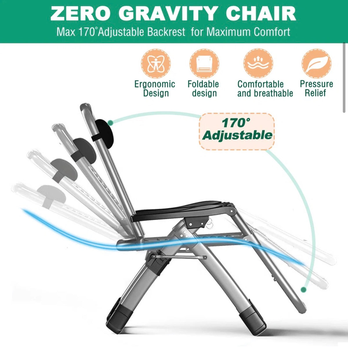 Outdoor Chair - Halback Zero Gravity Chair, Folding Reclining Lounge Chair with Cushion, Headrest Support 400lbs