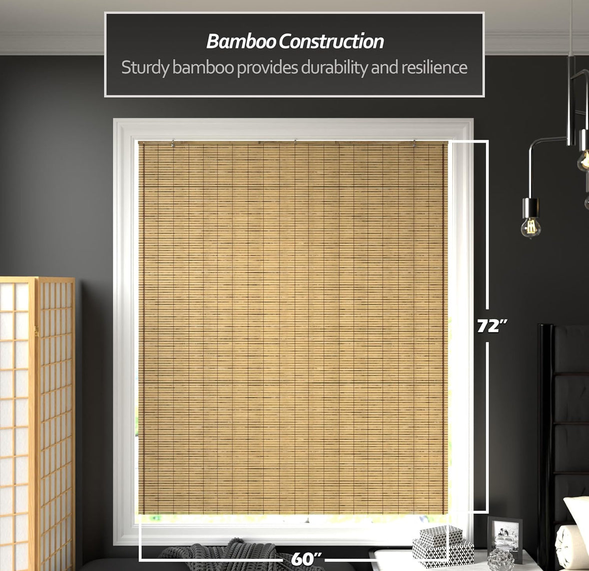 Blinds - 60” x 72” Burnt Bamboo Cordless Window Shade - Tortoise - WF12.4.25