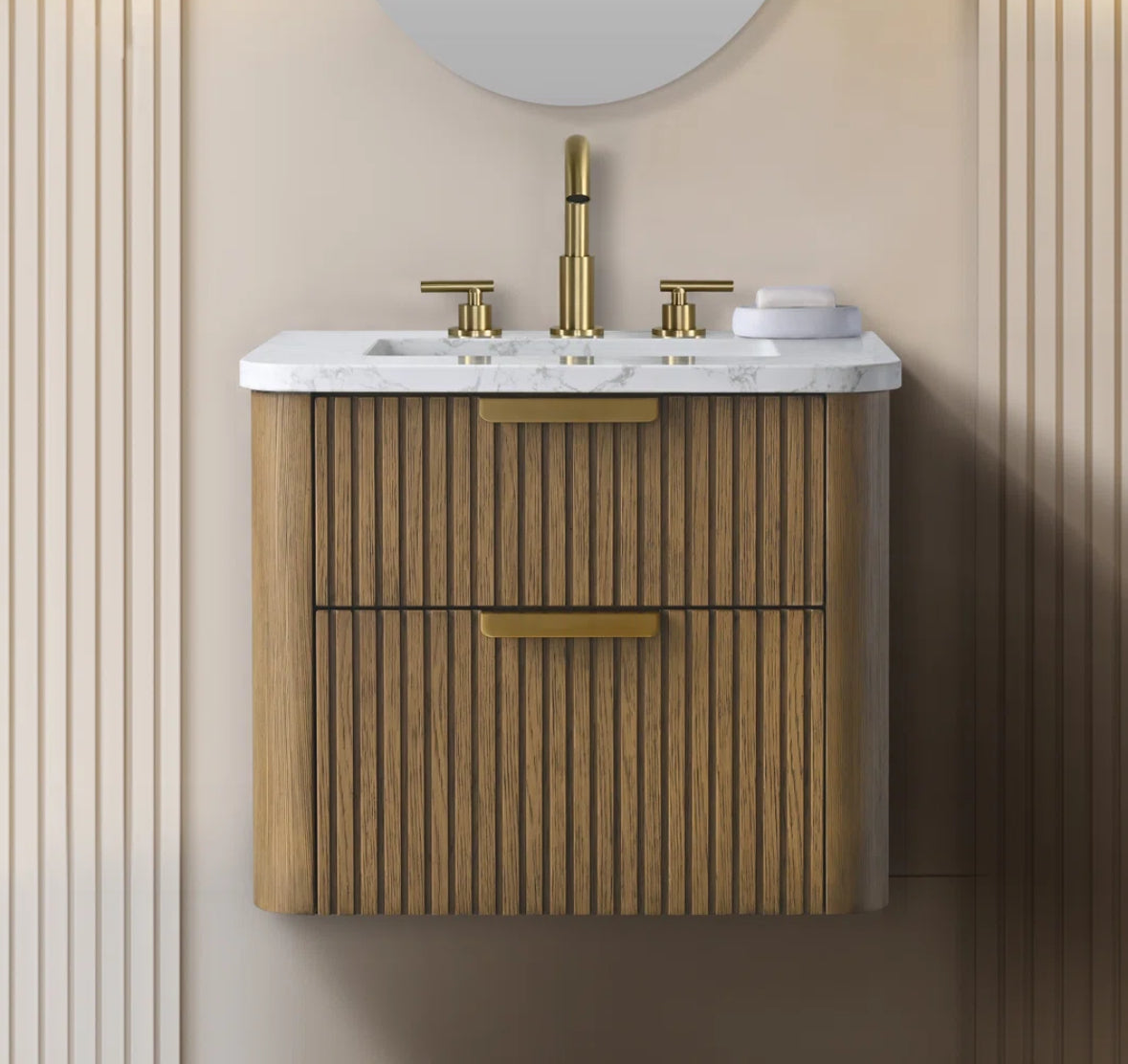 Bathroom Vanity - Liljan 24'' Aged Oak Wall-Mounted Single Bathroom Vanity with Engineered Stone Top - WF12.4.25