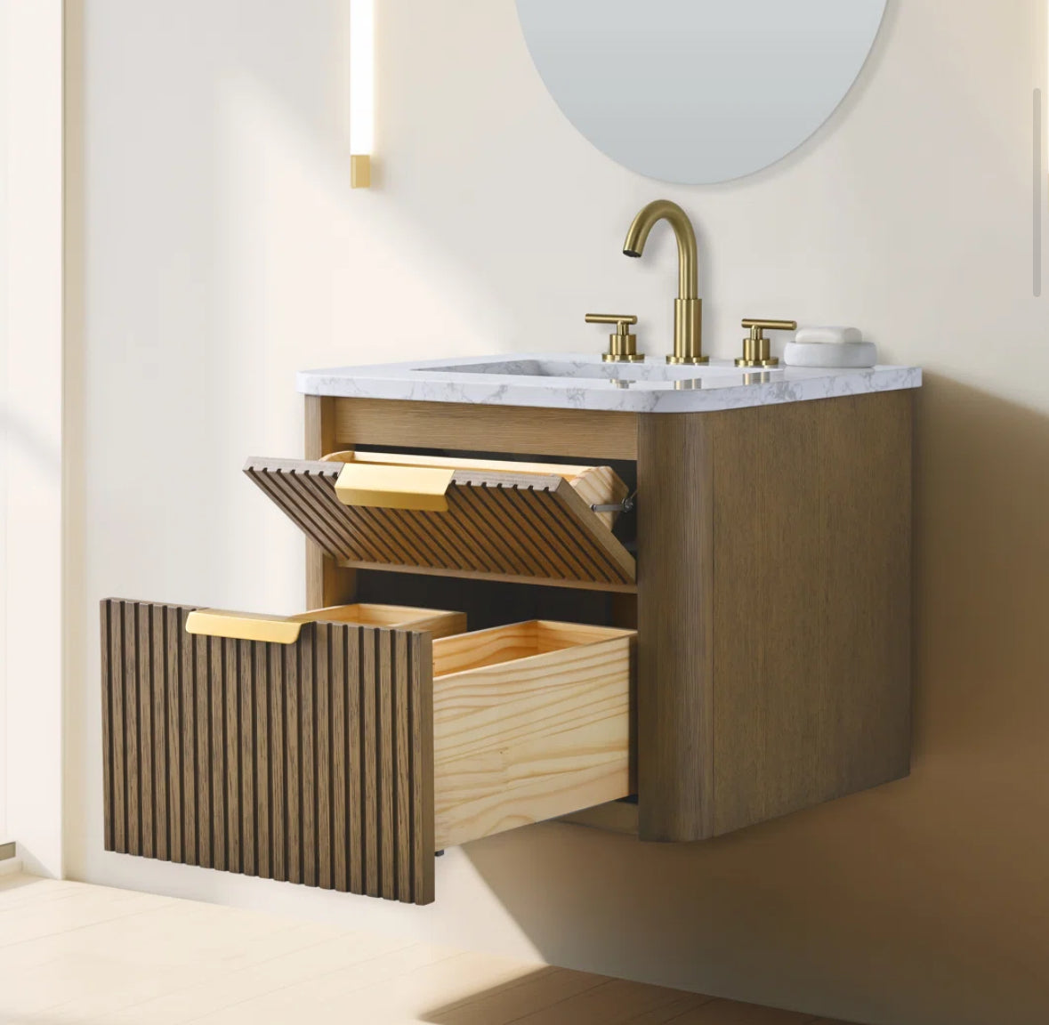 Bathroom Vanity - Liljan 24'' Aged Oak Wall-Mounted Single Bathroom Vanity with Engineered Stone Top - WF12.4.25