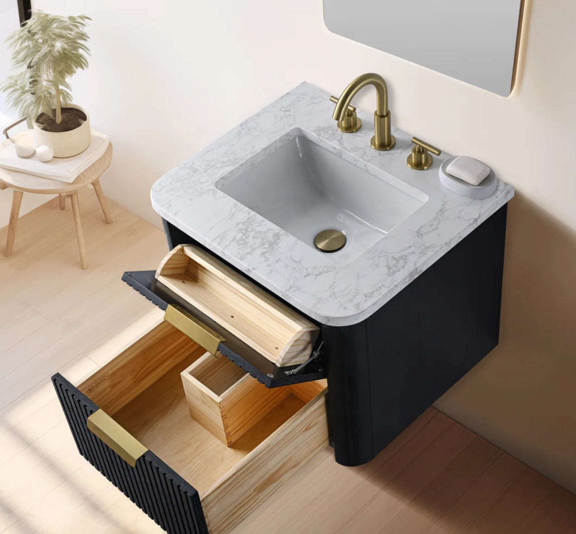 Bathroom Vanity - Liljan 24'' Black Oak Wall-Mounted Single Bathroom Vanity with Engineered Stone Top - WF12.4.25