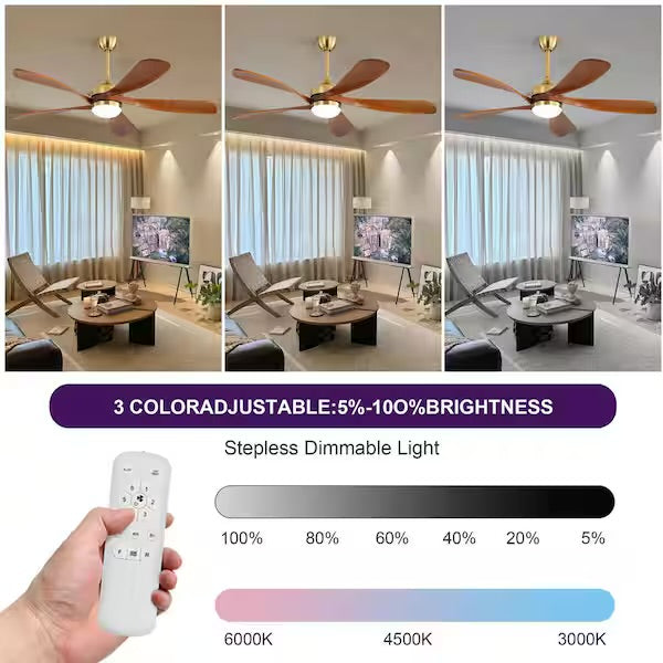 Ceiling Fan - 52 in. W in Smart Indoor Gold Color Low Profile Downrod Mounting with Color Adjustable LED with Remote