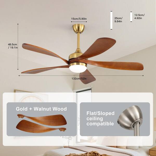 Ceiling Fan - 52 in. W in Smart Indoor Gold Color Low Profile Downrod Mounting with Color Adjustable LED with Remote