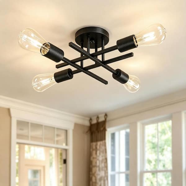Flush Mount - 16 In. Black Farmhouse Semi-Flush Mount Ceiling Light Fixtures Modern Sputnik Chandelier