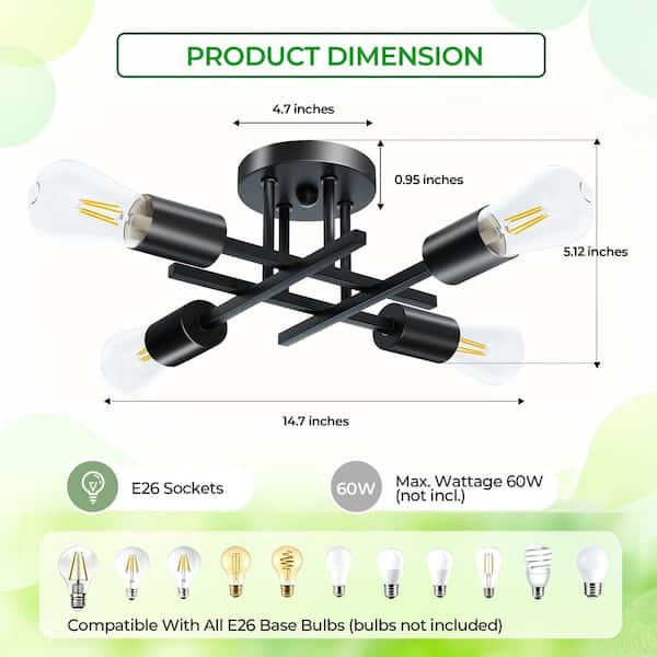 Flush Mount - 16 In. Black Farmhouse Semi-Flush Mount Ceiling Light Fixtures Modern Sputnik Chandelier
