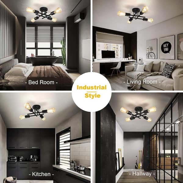Flush Mount - 16 In. Black Farmhouse Semi-Flush Mount Ceiling Light Fixtures Modern Sputnik Chandelier