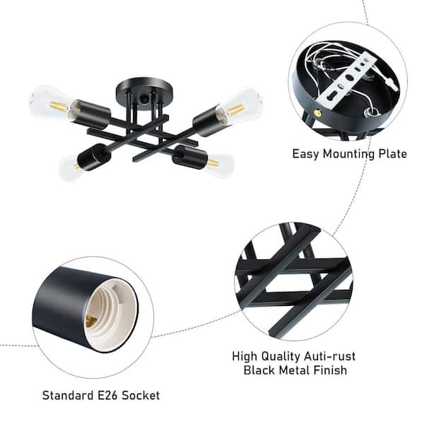 Flush Mount - 16 In. Black Farmhouse Semi-Flush Mount Ceiling Light Fixtures Modern Sputnik Chandelier