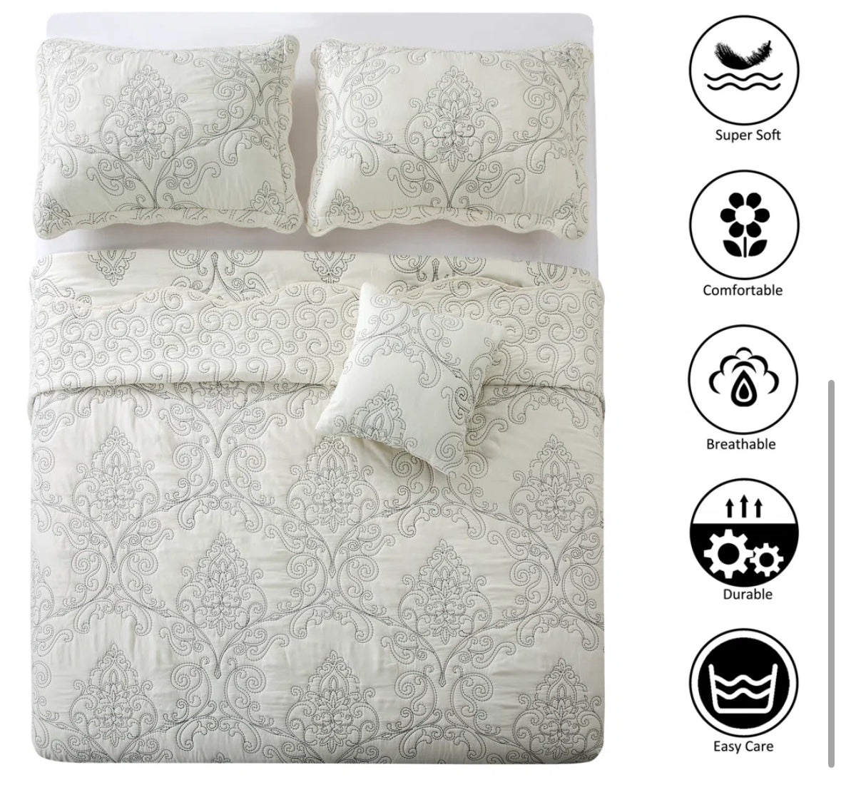 Bedding - King Size 4 Piece Damask Embroidery Bedspread Set - WF1.3.26