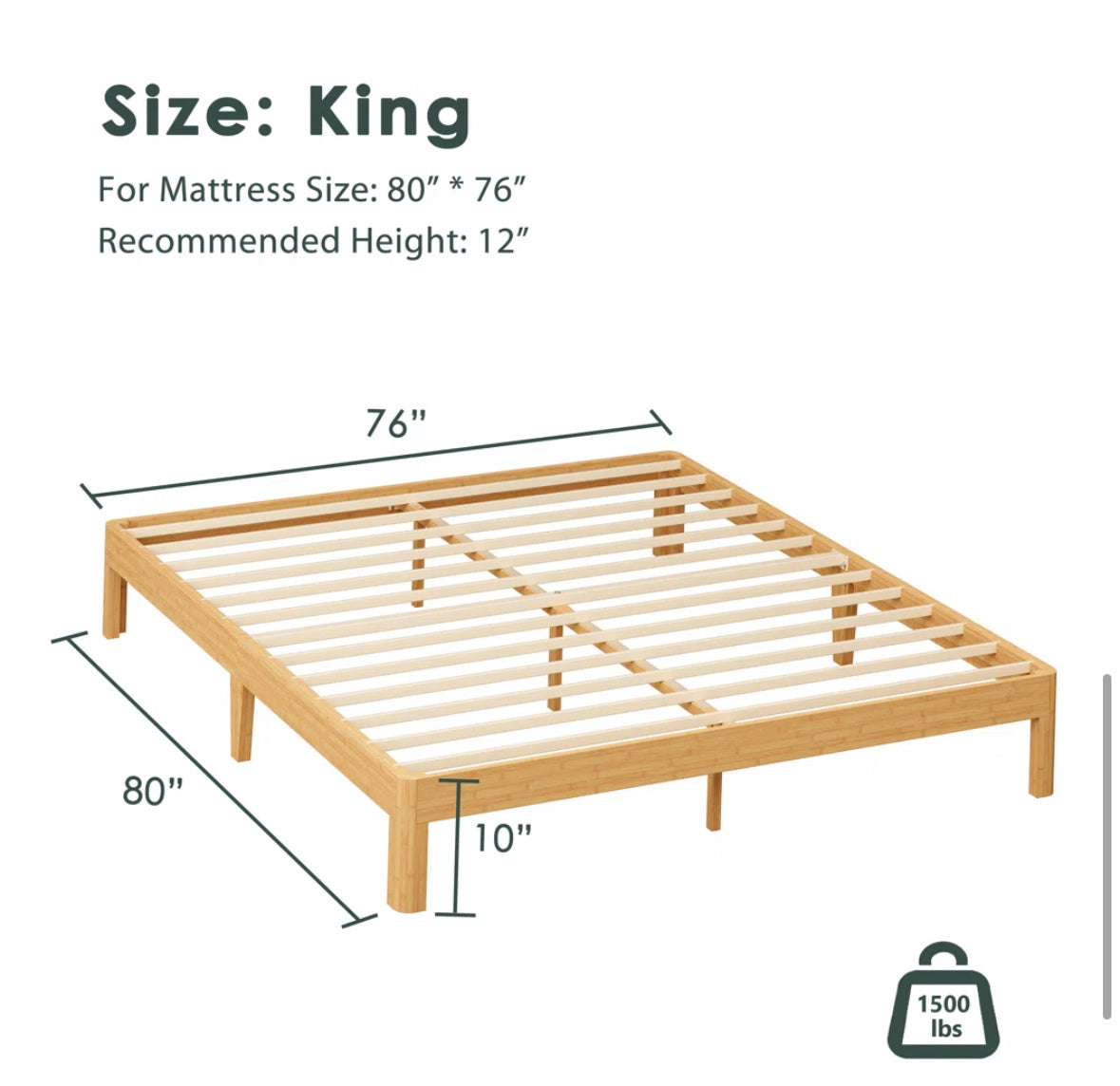 Bed - King Size Ruberta 10" High Solid Wood Platform Bed, Bamboo Material, Easy Assembly, No Squeak - WF11.7.25