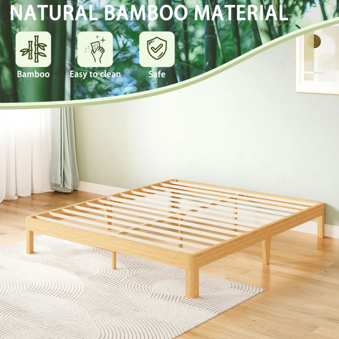 Bed - King Size Ruberta 10" High Solid Wood Platform Bed, Bamboo Material, Easy Assembly, No Squeak - WF11.7.25