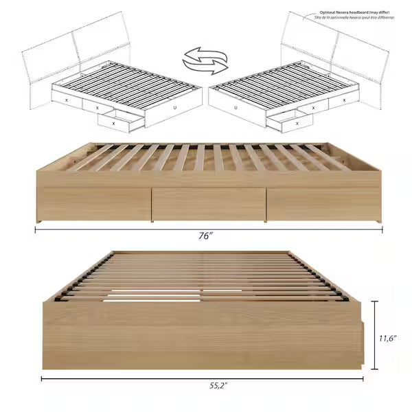 Bed - Queen Size Alegria Natural Maple Full Size Platform Bed with 3-Drawers