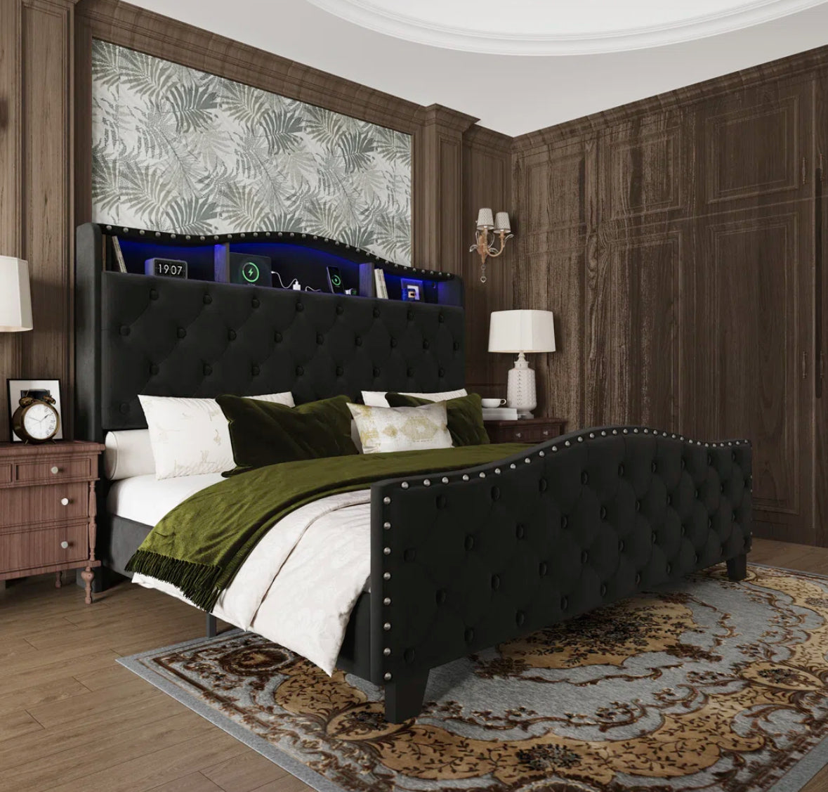 Bed - Queen Size Tufted Black Velvet Curved Headboard Bed With Light - WF1.3.26