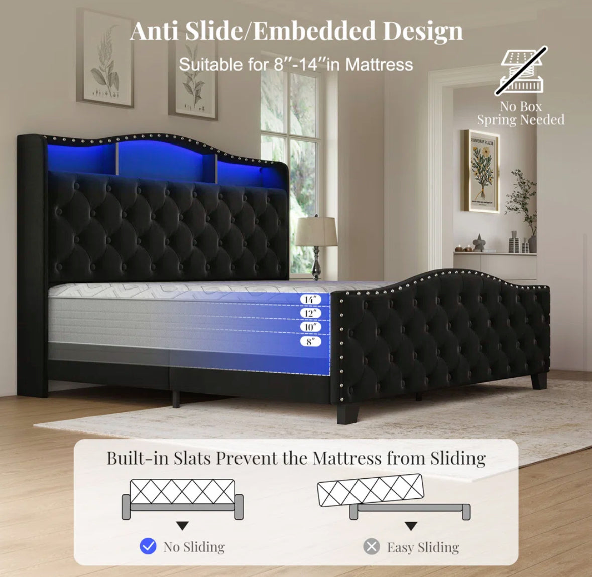 Bed - Queen Size Tufted Black Velvet Curved Headboard Bed With Light - WF1.3.26