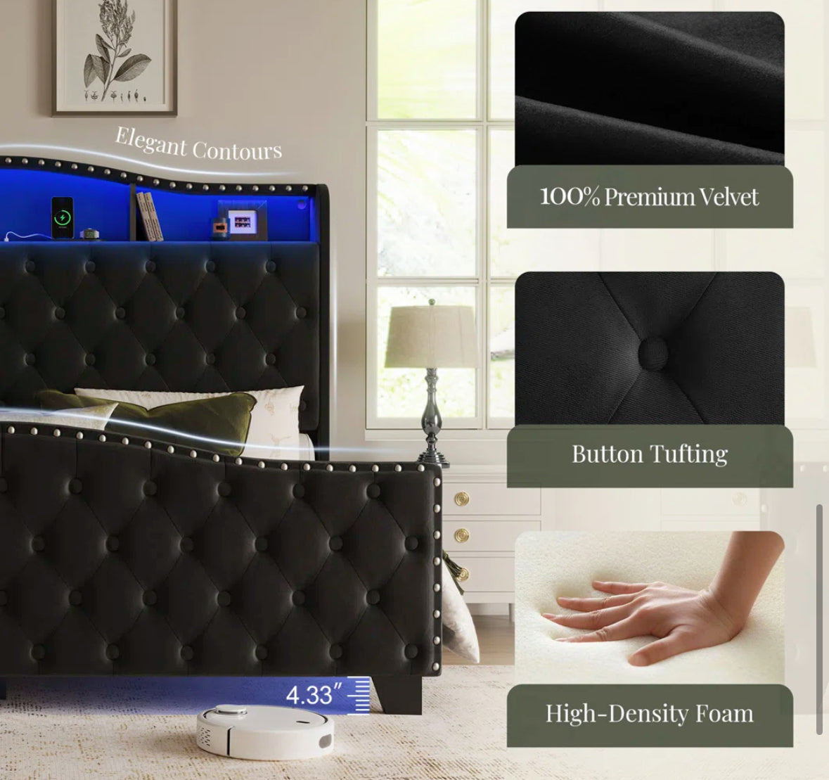 Bed - Queen Size Tufted Black Velvet Curved Headboard Bed With Light - WF1.3.26