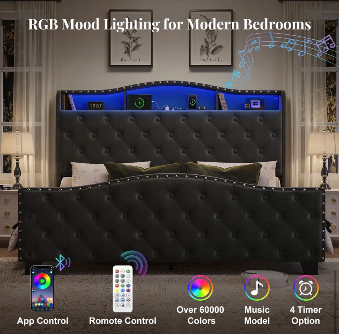 Bed - Queen Size Tufted Black Velvet Curved Headboard Bed With Light - WF1.3.26