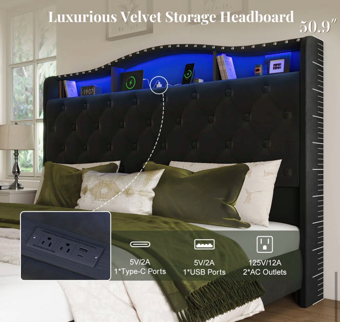 Bed - Queen Size Tufted Black Velvet Curved Headboard Bed With Light - WF1.3.26