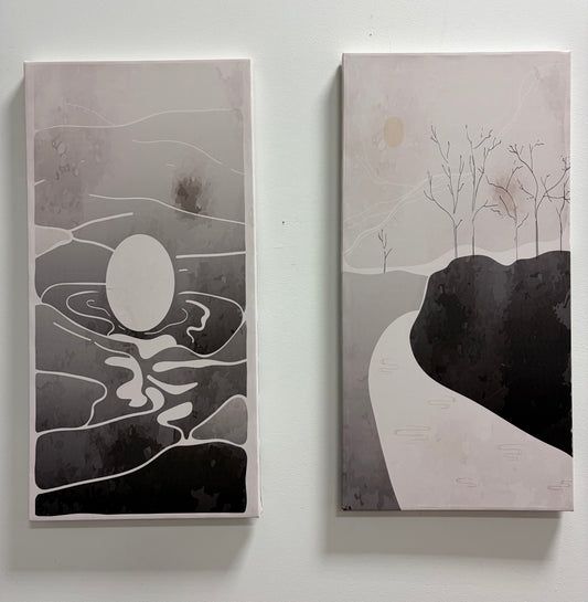 Canvas Art - 31.5” x 16” Gray & Tan Abstract River Landscape