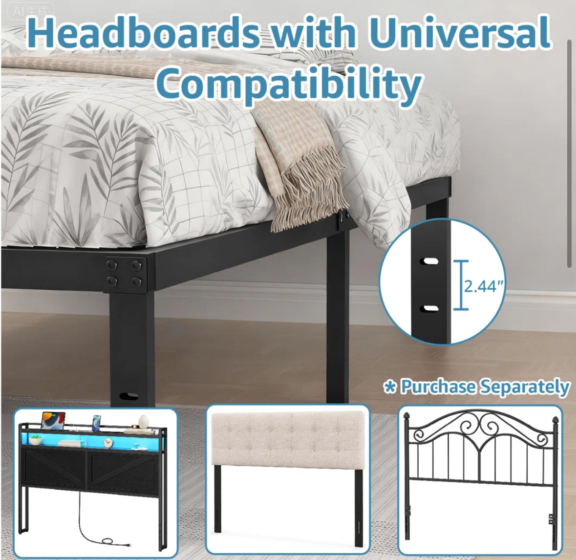 Bed Frame - Full Size 14'' Black Metal Bedframe With Headboard Compatible Platform Bed - WF11.7.25