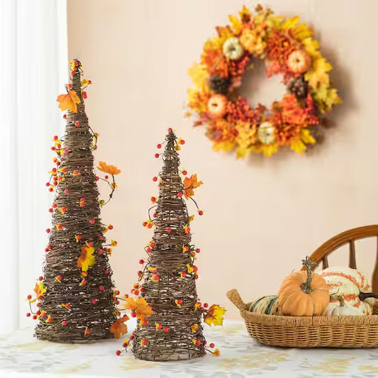 Fall Decor - Set of 2 - 24 in. H Fall Rattan Berries and Maple Leaves Table Tree