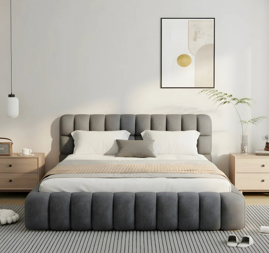 Bed - Queen Size Katence Elegant Linen Queen Platform Bed with Upholstered Headboard and Solid Frame Stability - WF1.3.26