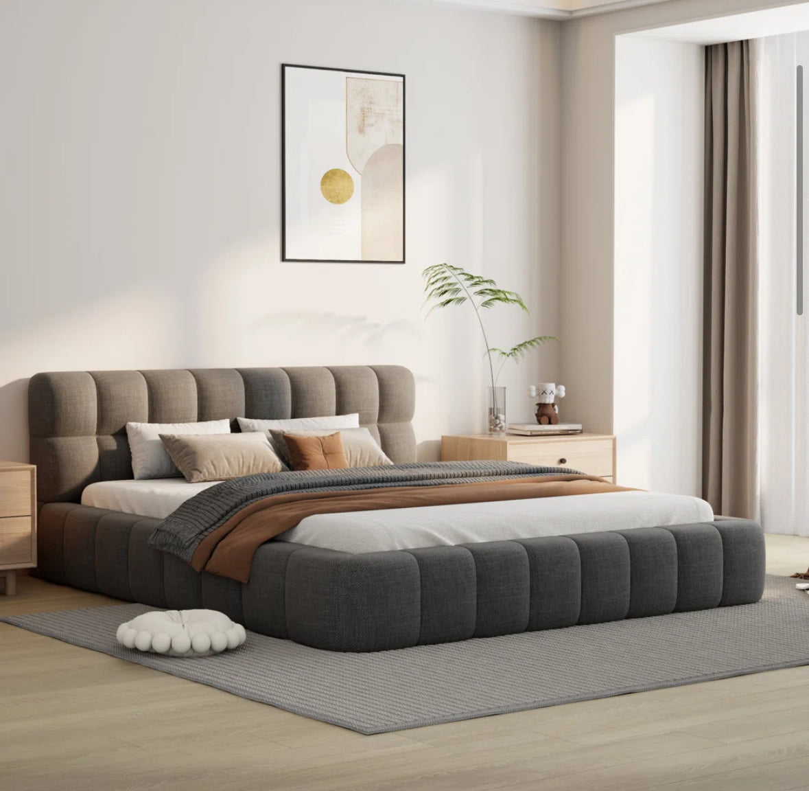 Bed - Queen Size Katence Elegant Linen Queen Platform Bed with Upholstered Headboard and Solid Frame Stability - WF1.3.26