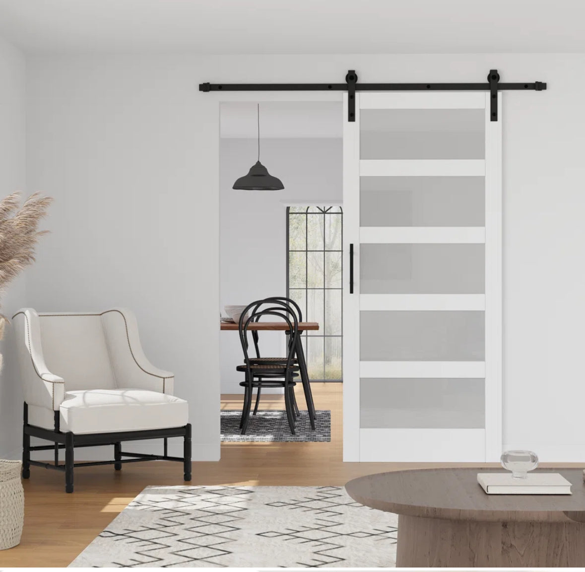 Door -  84" Tall x 36" Wide Barn Door 5 Lite Frosted Glass and Solid Manufactured Wood Panel Installation Hardware Kit Included (2 available) - Hebron 4