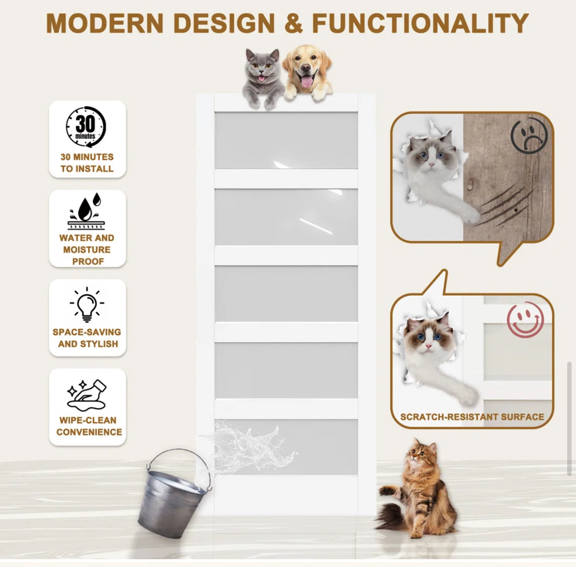 Door -  84" Tall x 36" Wide Barn Door 5 Lite Frosted Glass and Solid Manufactured Wood Panel Installation Hardware Kit Included (2 available) - Hebron 4