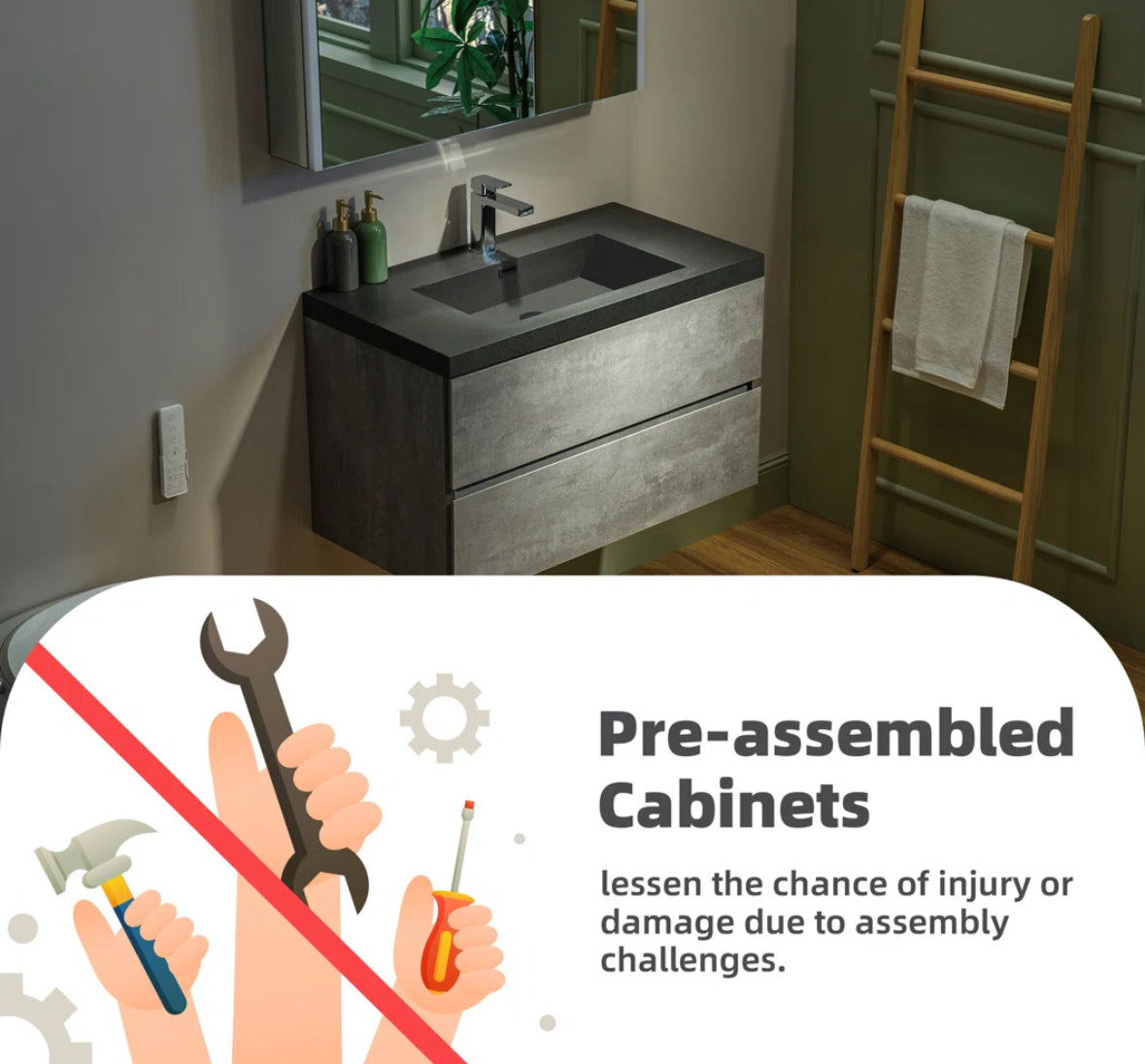 Bathroom Vanity - 36” W x 20” D Wall Mounted Floating Bathroom Vanity In Gray with Quartz Top - WF 11.7.25