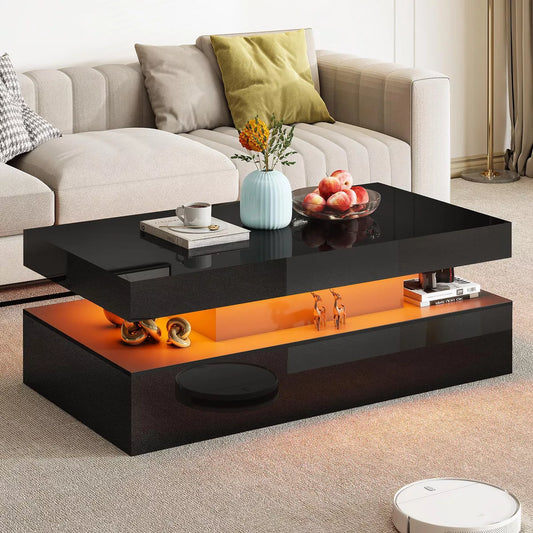 Coffee Table - AMERLIFE LED Coffee Table, Modern 2-Tier Center Table, Open Storage Space, 40in, Black