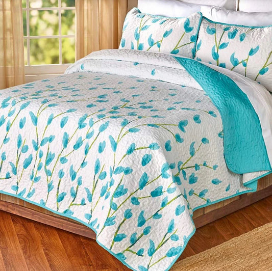 Bedding - Queen Size Teal Floral Quilt 3 Piece Set - WF1.3.26