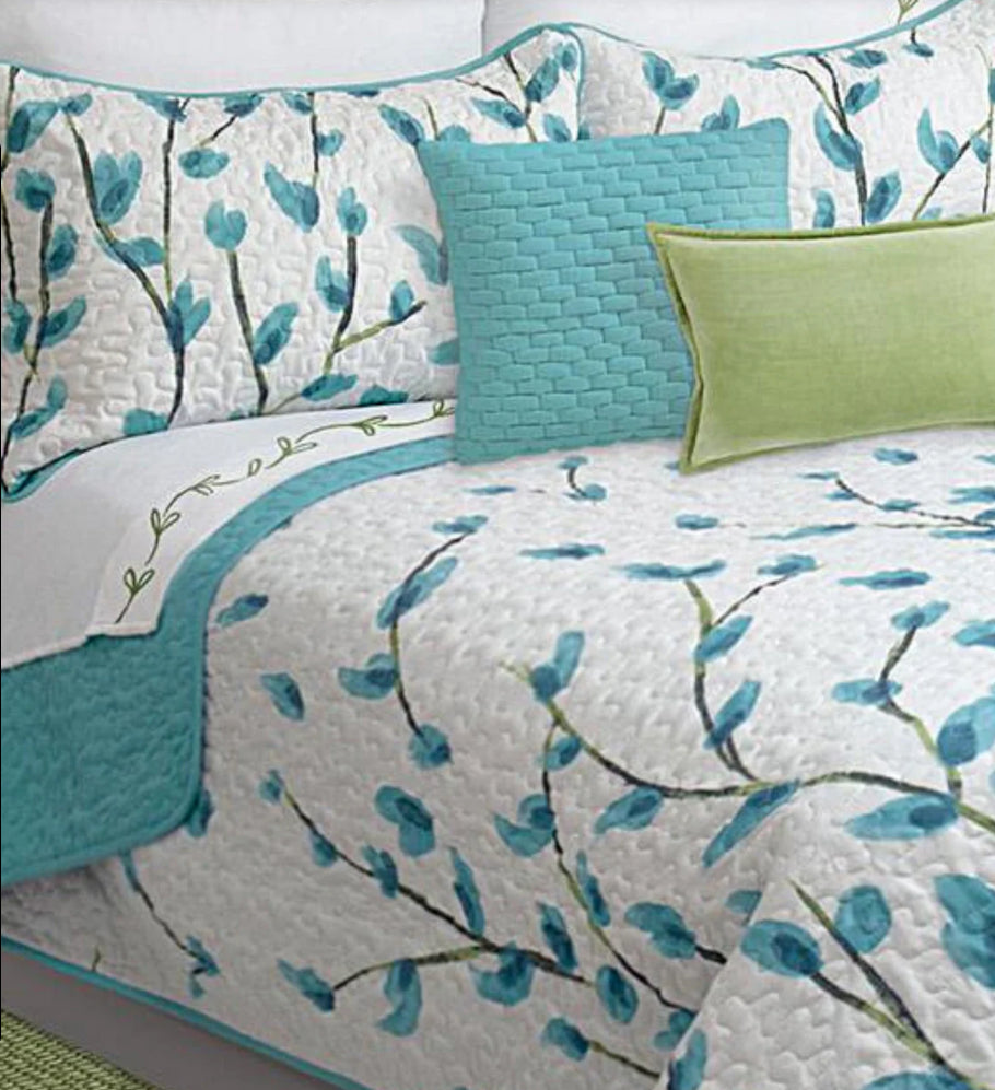 Bedding - Queen Size Teal Floral Quilt 3 Piece Set - WF1.3.26