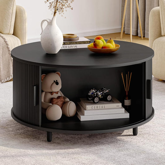 Coffee Table - ONBRILL Round Coffee Table with Storage, 31.5" Modern Coffee Table with 360° Curved Sliding Door