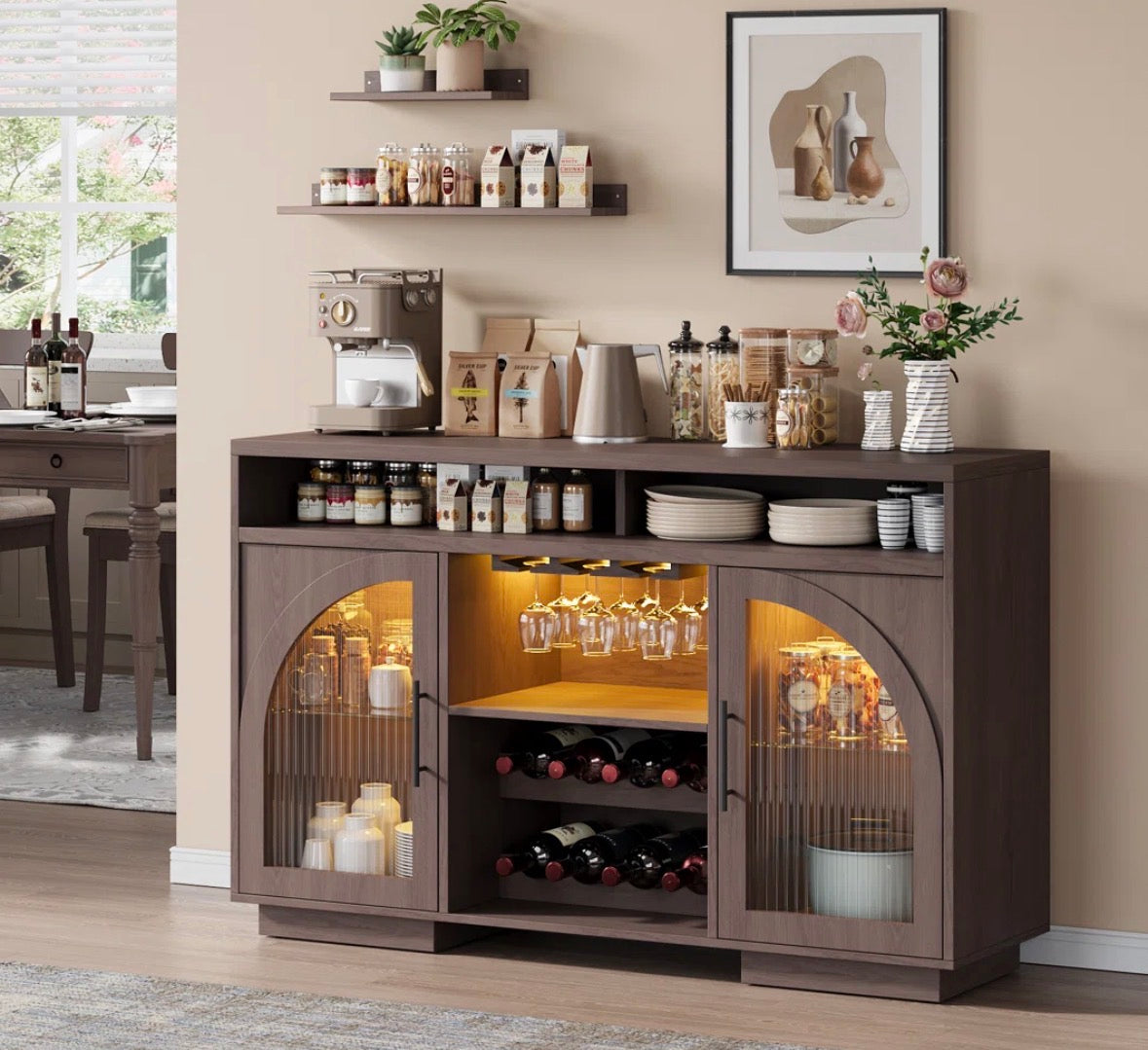 Buffet - Sideboard Buffet Cabinet, 54" Kitchen Cabinet With Led Lights & Arched Glass Doors, Tall Bar Cabinets With 2 Adjustable Shelves, Wine Rack & Storage Table For Dining Room