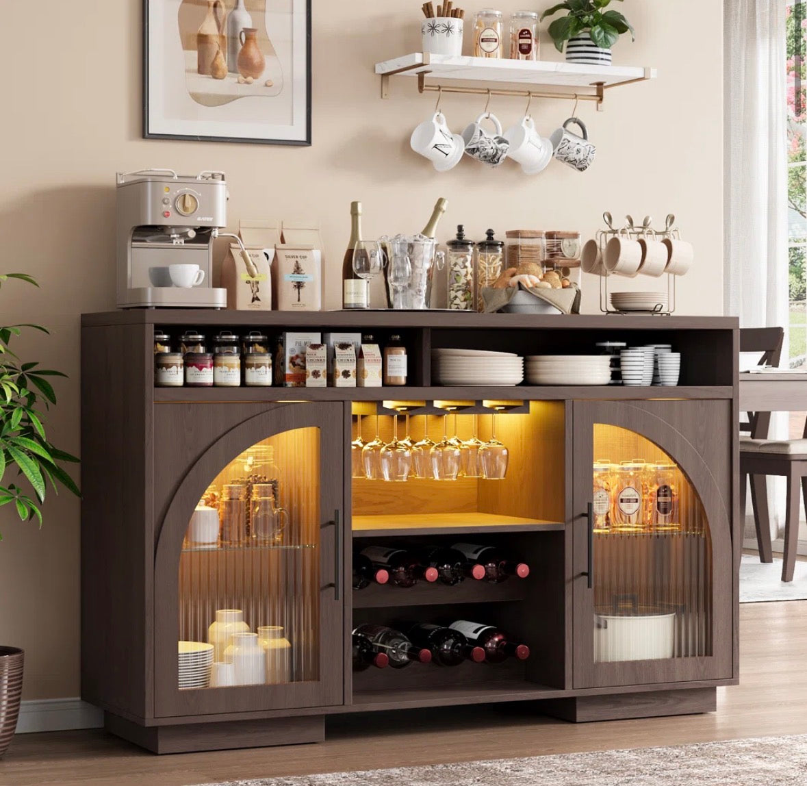 Buffet - Sideboard Buffet Cabinet, 54" Kitchen Cabinet With Led Lights & Arched Glass Doors, Tall Bar Cabinets With 2 Adjustable Shelves, Wine Rack & Storage Table For Dining Room