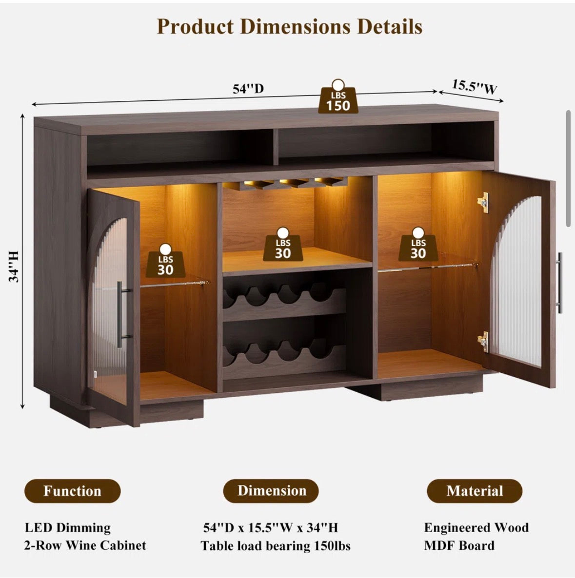 Buffet - Sideboard Buffet Cabinet, 54" Kitchen Cabinet With Led Lights & Arched Glass Doors, Tall Bar Cabinets With 2 Adjustable Shelves, Wine Rack & Storage Table For Dining Room