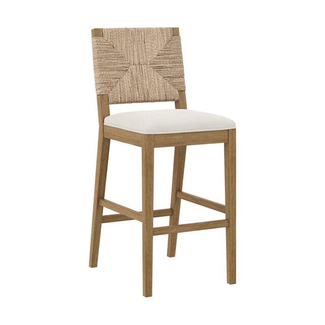 Barstool Single - Beacon 29 in. Bohemian Boucle Upholstered Wood Bar Height Bar Stool w/Woven Back, Cream