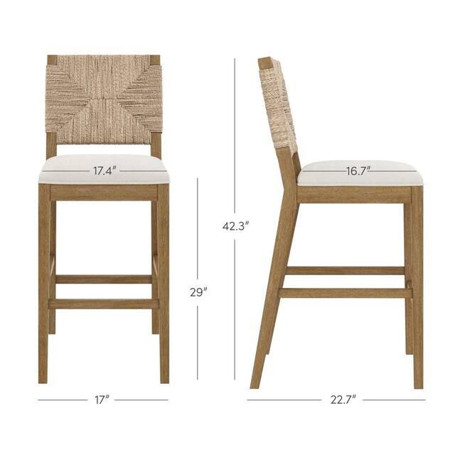 Barstool Single - Beacon 29 in. Bohemian Boucle Upholstered Wood Bar Height Bar Stool w/Woven Back, Cream