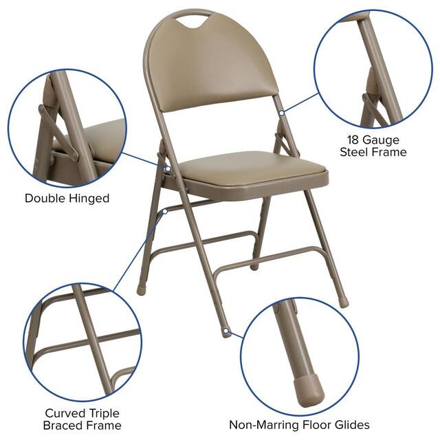 Folding Chair Set of 2 - Hercules Series Extra Large Ultra-Premium Triple Braced Beige Vinyl Metal Folding Chair with Easy-Carry Handle