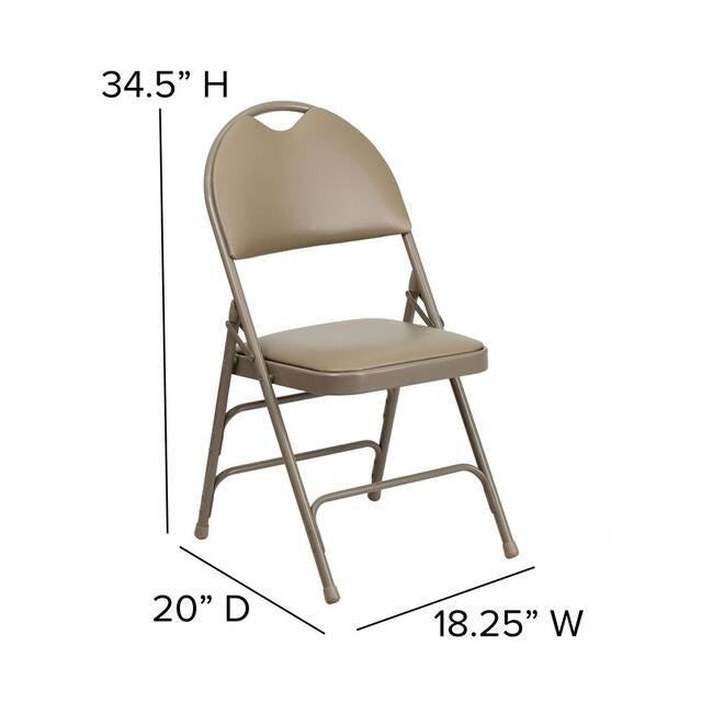 Folding Chair Set of 2 - Hercules Series Extra Large Ultra-Premium Triple Braced Beige Vinyl Metal Folding Chair with Easy-Carry Handle