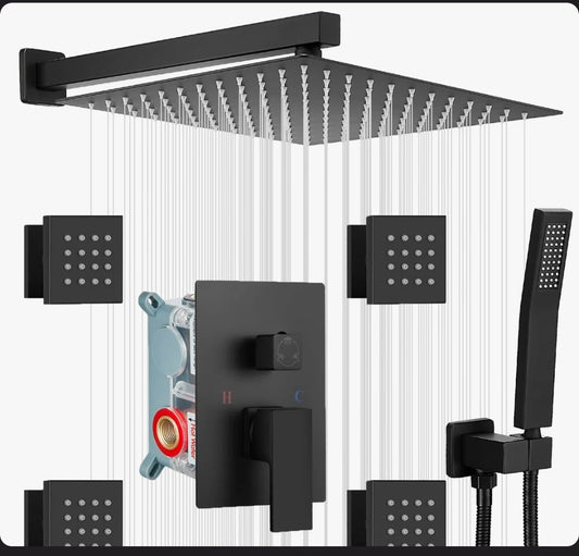 Shower System - 12" Rain Shower Head System 4 Full Body Jets, Wall Mounted