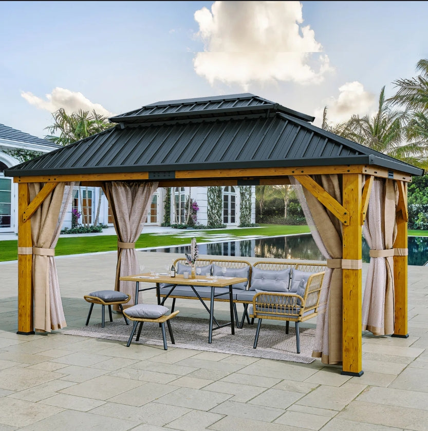 Outdoor Structure - Solid Wood Patio Gazebo with Double Roof Hardtop and Curtains - WF11.7.25