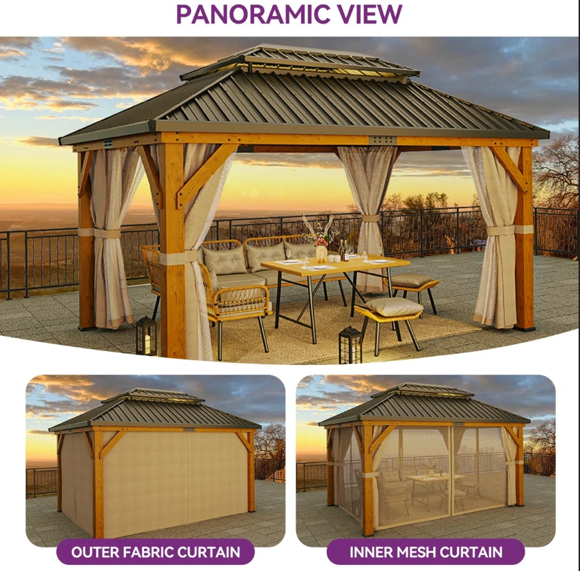 Outdoor Structure - Solid Wood Patio Gazebo with Double Roof Hardtop and Curtains - WF11.7.25