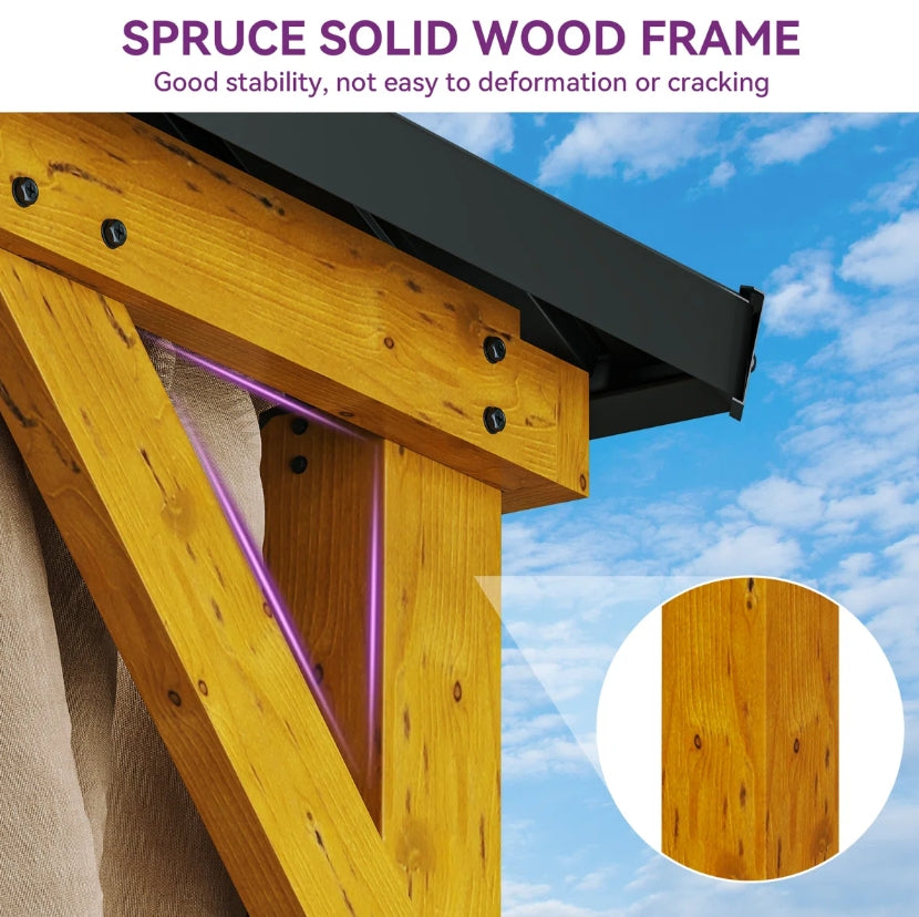 Outdoor Structure - Solid Wood Patio Gazebo with Double Roof Hardtop and Curtains - WF11.7.25